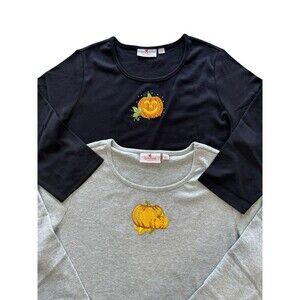 Quacker Factory Pumpkin Fall Halloween Harvest Top Bundle X2 Embroidered Large